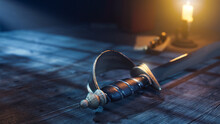 A Pirate's Cutlass Sword On A Desk At Night. 3D Rendering, Illustration