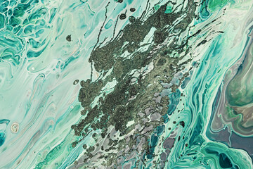 Wall Mural - Fluid Art acrylic paints. Abstract mixing green waves and grains of sand. Liquid flows splashes. Marble effect background or texture