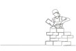 Continuous one line drawing repairwoman building brick wall. Construction worker in uniform and helmet doing work. Builder concept. Repair work services. Single line draw design vector illustration