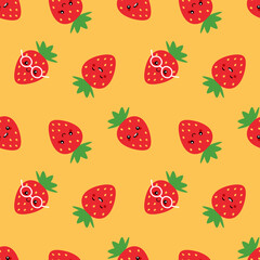 Wall Mural - Cute and happy red strawberry characters vector seamless pattern background for food and nature.
