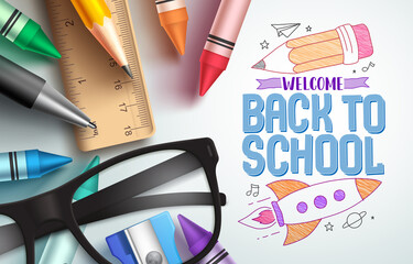 Back to school vector background design. Welcome back to school text in hand draw sketch with education elements. Vector Illustration. 
