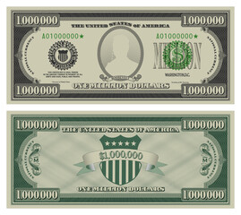 vector million dollars banknote. gray obverse and green reverse fictional us paper money in style of