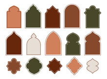 Ramadan Shapes. Islam Elements Of Arab Mosque. Door Stickers And Arabian Arch Frame. Muslim Oriental Silhouette. Oriental Window. Color Empty Arabesque Borders Set. Flat Vector Design