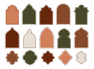 Ramadan shapes. Islam elements of Arab mosque. Door stickers and Arabian arch frame. Muslim oriental silhouette. Oriental window. Color empty arabesque borders set. Flat vector design