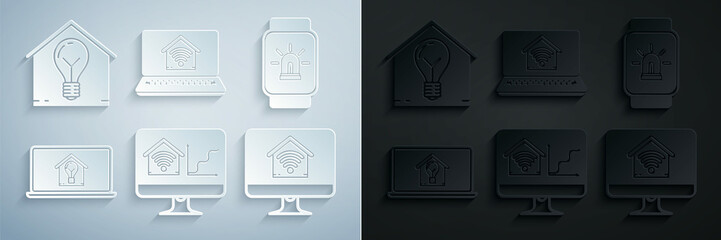 Canvas Print - Set Computer monitor with smart home with wi-fi, Smart watch house and alarm, Laptop light bulb, and icon. Vector