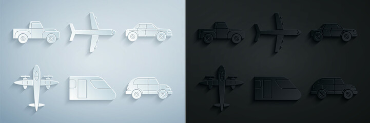 Sticker - Set Train, Sedan car, Old retro vintage plane, Hatchback, Plane and Pickup truck icon. Vector