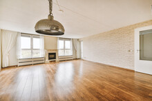 Spacious Room With Electric Fireplace, Curtained Windows, Parquet Floors And Chandelier