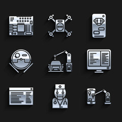 Poster - Set Industrial machine robotic robot arm hand, Robot doctor, Computer monitor screen, Software, web developer programming code, vacuum cleaner, Bot and Printed circuit board PCB icon. Vector