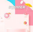Summer sale banner template for promotion with product display cylindrical shape and  pool party background