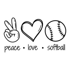 Peace Love Softball. Vector illustration.  Isolated on white background. Good for posters, t shirts, postcards.