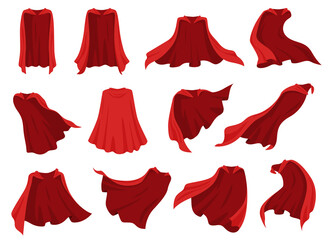 Red superhero cape. Silk cloak with red fabric in different positions. Vector illustration