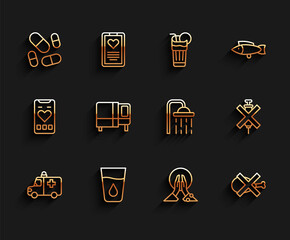 Sticker - Set line Ambulance and emergency car, Glass with water, Vitamin pill, Meditation, No meat, Bed, doping syringe and Shower head icon. Vector