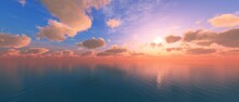 Sea Sunset, Ocean Sunrise, Sun Over Water Surface, 3d Rendering