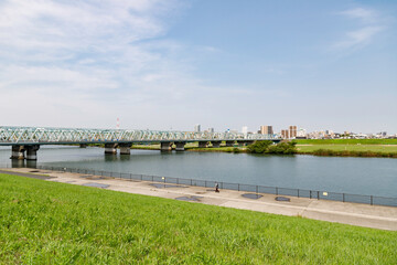 Wall Mural - 市川側から江戸川越しに見た東京の風景