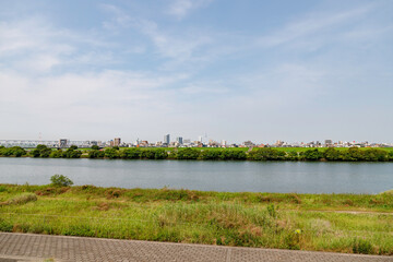 Wall Mural - 市川側から江戸川越しに見た東京の風景