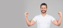 I Am Strong. Strong Man Grey Background. Fit Guy Show Strength. Muscle Flexing. Physical Fitness. Man Face Portrait, Banner With Copy Space.