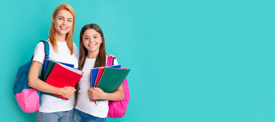 Poster - Mother and daughter child banner, copy space, isolated background. friendship. back to school. childhood education. happy pupil and student.