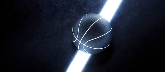 Wall Mural - 3D model of typical basketball ball laying on bright glowing white line. Abstract theme of sport equipment.