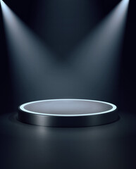 Wall Mural - Low round podium lit by pair of spotlights from top corners. 3d computer graphic template of displaying place for your products. Blank template