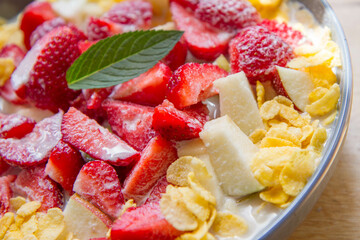 Sticker - Cornflakes with oat milk and fruit - apple, pear and strawberries decorated with mint leaf