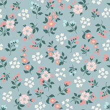 Seamless Pattern Of A Little Flowers And Branch With Leaves. Abstract Small Flower Patter. Vector Illustration