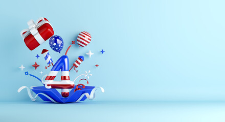 Wall Mural - 4th of July, Happy Independence Day of the USA with firework rocket gift box balloon confetti on blue background, copy space text, 3D illustration.