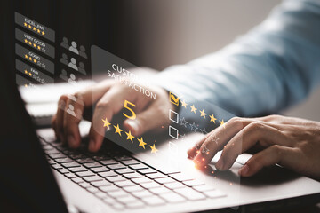 Poster - Customer satisfaction survey concept, Businessman using computer laptop to select excellent yellow five stars to evaluate product and service.