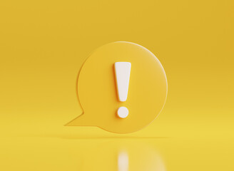 Realistic yellow caution warning sing inside bubble message on yellow background for attention exclamation mark traffic sign by 3d render illustration.