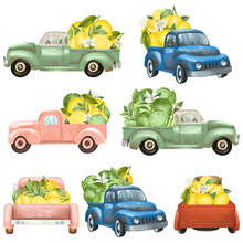 Set Of Watercolor Old Trucks With Lemons And Limes, Isolated Illustration On White Background