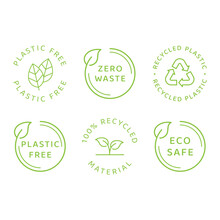 Eco Safe, Zero Waste And Recycled Material. Vector Label Set, Plastic Free, Eco Friendly With Leaf Cycle.
