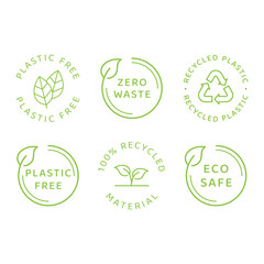 eco safe, zero waste and recycled material. vector label set, plastic free, eco friendly with leaf c