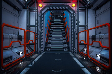 Wall Mural - futuristic space station or star ship interior corridor leading to stairway up to higher level. scie
