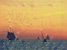 A Ground Of Sailboats On The Coast Of Key West, Sailing Along The Horizon During Sunset. 