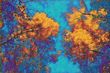 Sticker - Teal and gold painting of autumn foliage in the tree canopy. 