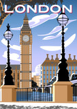 Fototapeta Big Ben - Cityscape with the waterfront in the first plan, Big Ben and the Houses of Parliament in the background. Handmade drawing vector illustration. London retro style poster design.