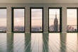 canvas print picture - Leeres Apartment mit Blick auf New York City durch große Fenster bei Abendsonne und Gegenlicht
