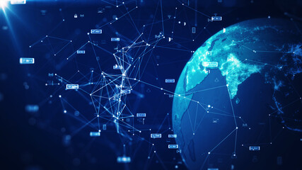 Poster - concept of global internet network connection technology. The world on the right has a binary code polygon and a small icon on a dark blue background. Cybersecurity protects the Internet of Things.