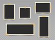 © yulliash - Set of black photo frames different formats with beige adhesive tape. Vector realistic mockup. Vertical, Horizontal, Wide, Square Blank Templates. Five empty photo cards with border. EPS10.