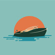 © Natalie - Illustration of a retro motor boat in the flat style. Speedboat on the background of the sun.