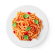 © Helga1 - Pasta with tomatoes and basil is isolated on a white background. View from above. Traditional Italian pasta.