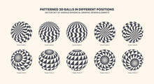 Assorted Various Vector Patterned 3D Balls In Different Positions With Checkered Chevron And Triangle Pattern Set Isolated On Light Back. Black White Graphic Variety 3D Spherical Design Elements Group