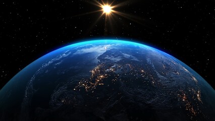 Wall Mural - Planet earth with realistic geography surface and orbital 3D cloud atmosphere . Outer space view of world globe sphere of continents . 3D rendering graphic . Elements of this image furnished by NASA .