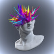 3D rendering illustration of a broken marble fragment of head sculpture in classical style with colorful exploding spikes from broken side and isolated on grey background.
