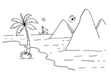 Sea For Children's Coloring Page Beach Graphic Black White Landscape Sketch Illustration Vector