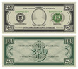 Vector two hundred fifty dollars banknote. Gray obverse and green reverse fictional US paper money in style of vintage american cash. Frame with guilloche mesh and bank seals. John F. Kennedy