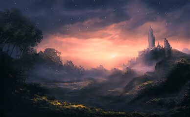 Wall Mural - fantasy mountain landscape with sunset. foggy sunset, mountains, mountain river, gorge. abstract fan