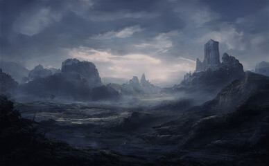 Wall Mural - fantasy mountain landscape with sunset. foggy sunset, mountains, mountain river, gorge. abstract fan