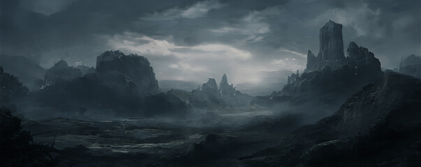 Wall Mural - fantasy mountain landscape with sunset. foggy sunset, mountains, mountain river, gorge. abstract fan