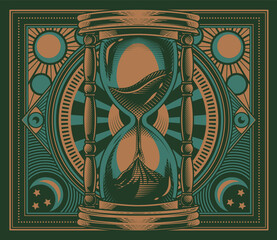 hourglass poster design with celestial bodies background. vector illustration of sand watch device i
