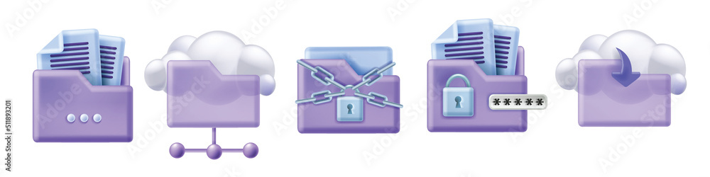 3D cloud folder icon set, office online document file kit, data safe ...